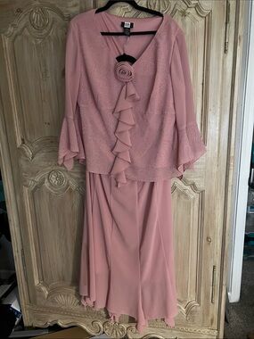 Studio Rose Pink Chiffon Ruffle Maxi 2-piece Dress with Rosette